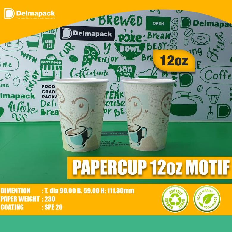 Paper Cup 12Oz Motif - Hot, Kopi, Teh - Foodgrade - 50 Pcs