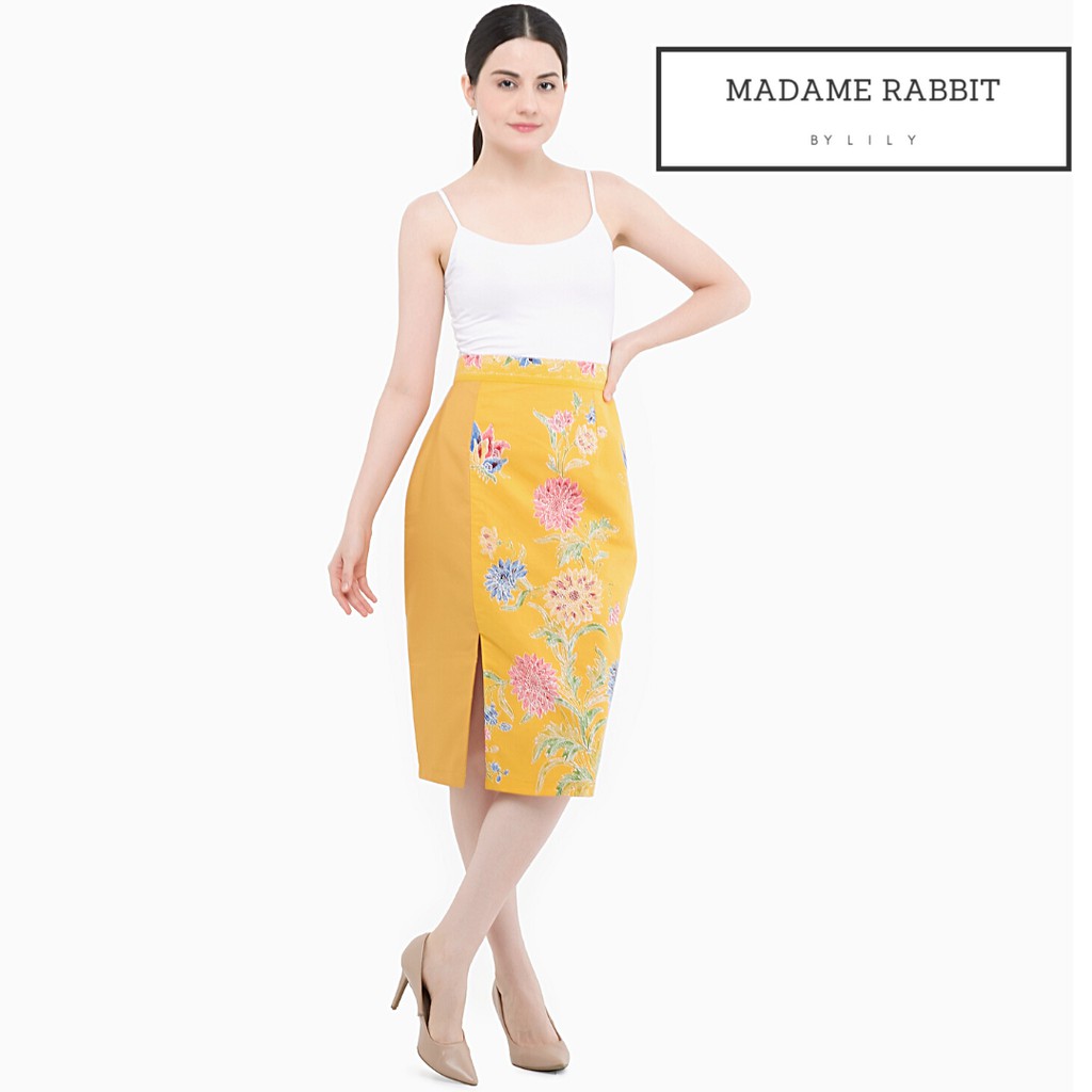 MADAME RABBIT - Rok Batik Kerja Madame Rabbit Warna Kuning Span Pendek Katun Rapi Motif Sun Flower-4
