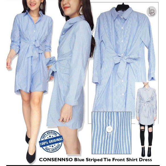 [BB] Baju Branded Murah Consenso Blue Stripe Tie Front Cotton Shirt Dress