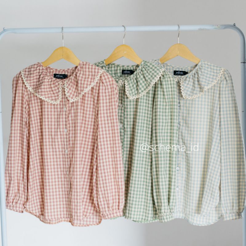 Yeora Blouse by Schema Collar Blouse Korea Style Atasan Top Wanita Lengan Panjang Tartan Blouse Cotton Premium