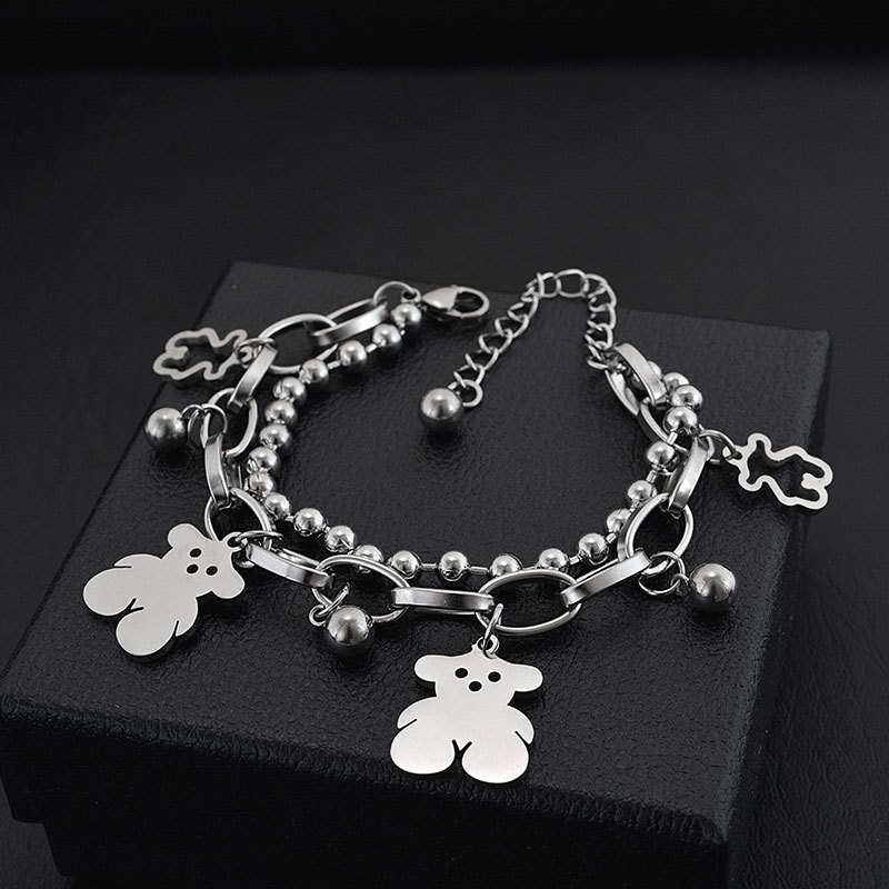 Stainless Steel Punk Double Bear Bracelet Round Bead Chain
