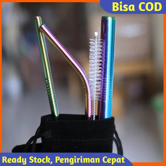 

Set 5 Pcs Rainbow Stainless Straw Sedotan Premium Velvet Pouch Sikat Sedotan Stainless Steel M44