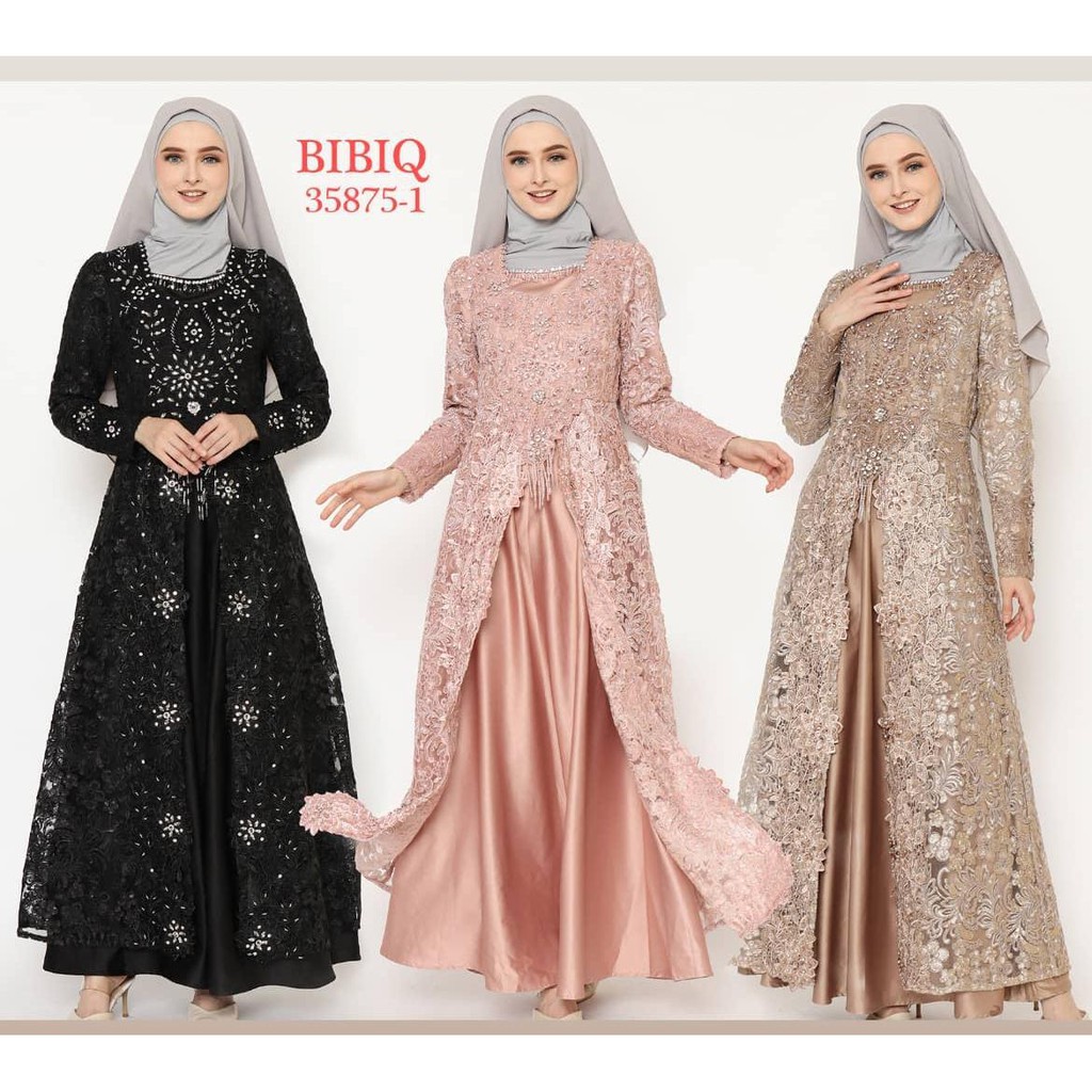 (Hitam) Gamis Brokat Pesta BIBIQ 35875-1 Baju Muslim Mewah BIBIQ Fashion Wanita Bahan Brukat Terbaru