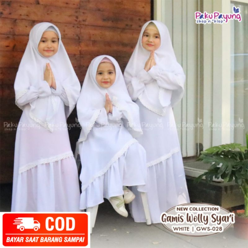PAKU PAYUNG || GAMIS MANASIK ANAK BAHAN WOLLY CREPE GWS SERIES DRESS BRANDED PREMIUM PUTIH MUSLIM SE