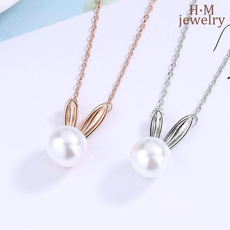 Kalung Mutiara Air Tawar Pendek Bentuk Telinga Kelinci Bahan S925 Silver