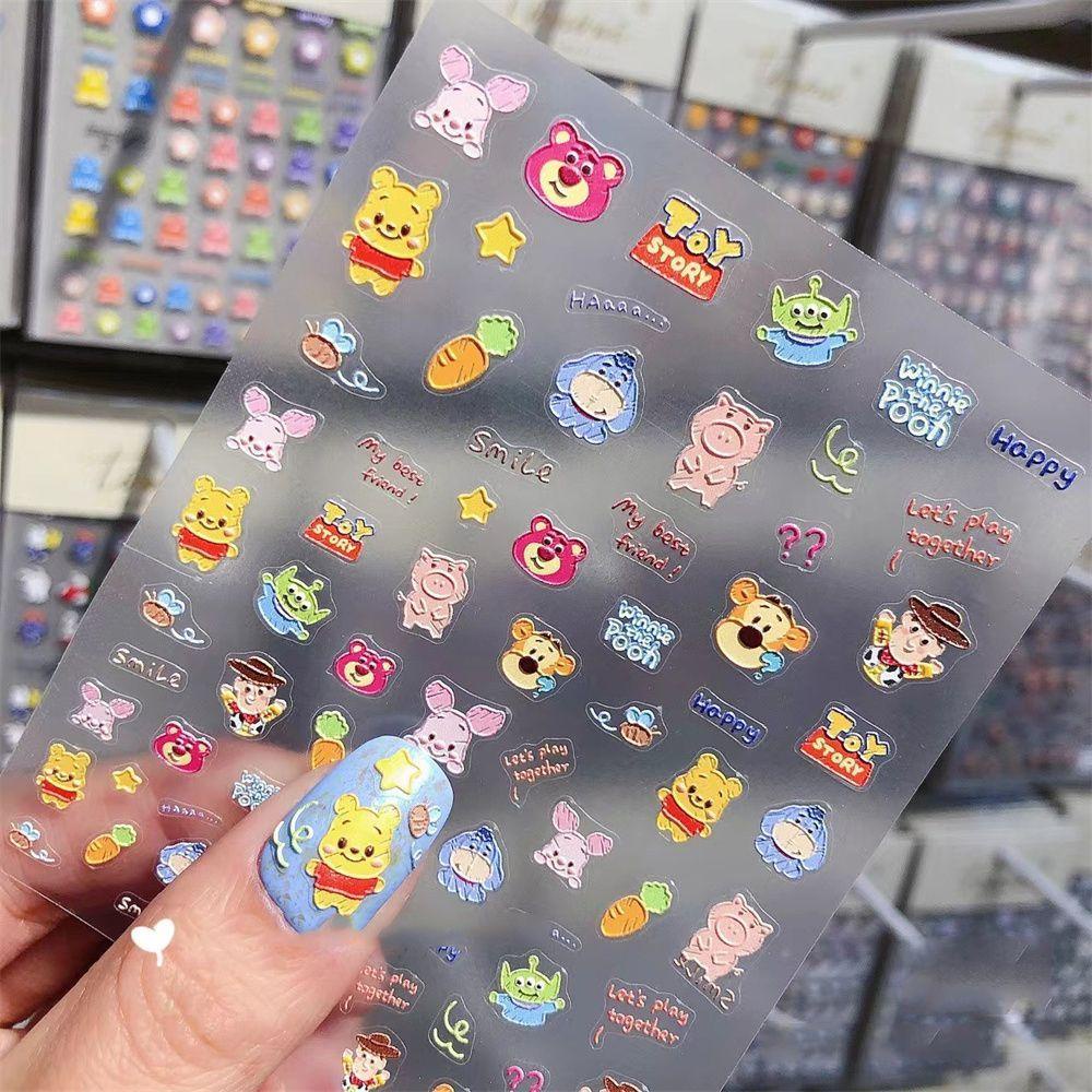 QUINTON Colorful 5D Engraved Nail Stickers Embossed Tigger Nail Art Sticker Beautiful Girl Nail Decals Three-dimensional Back Glue Cartoon Manicure Tools Ultra-thin Self Adhesive DIY Nail Art Decorations