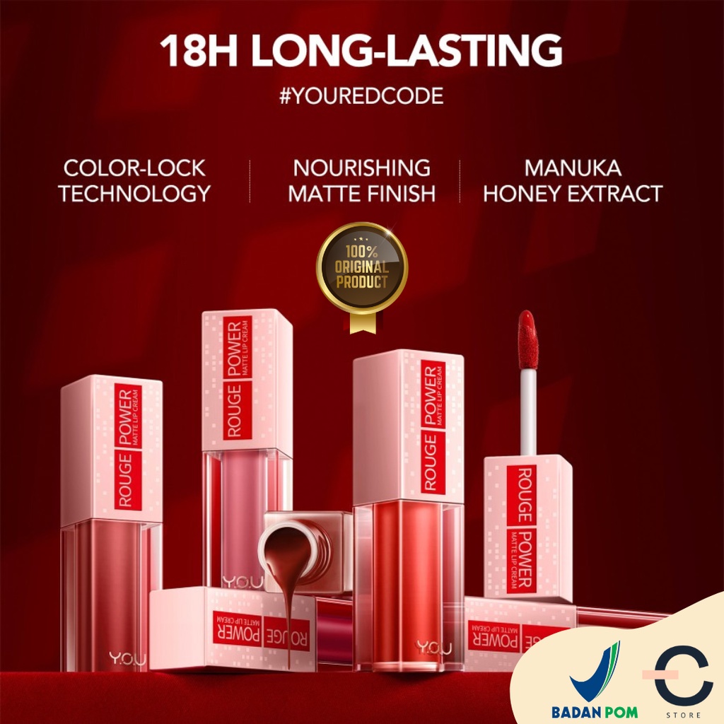 YOU Rouge Power Matte Lip Cream | Matte Finish, Tahan Lama, Nourishing, with Manuka Honey