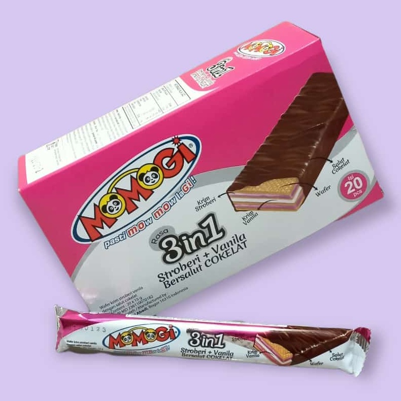

1 box - Momogi 3 in 1 Wafer Krim Stroberi Bersalut Cokelat 15gr [20 Pcs]