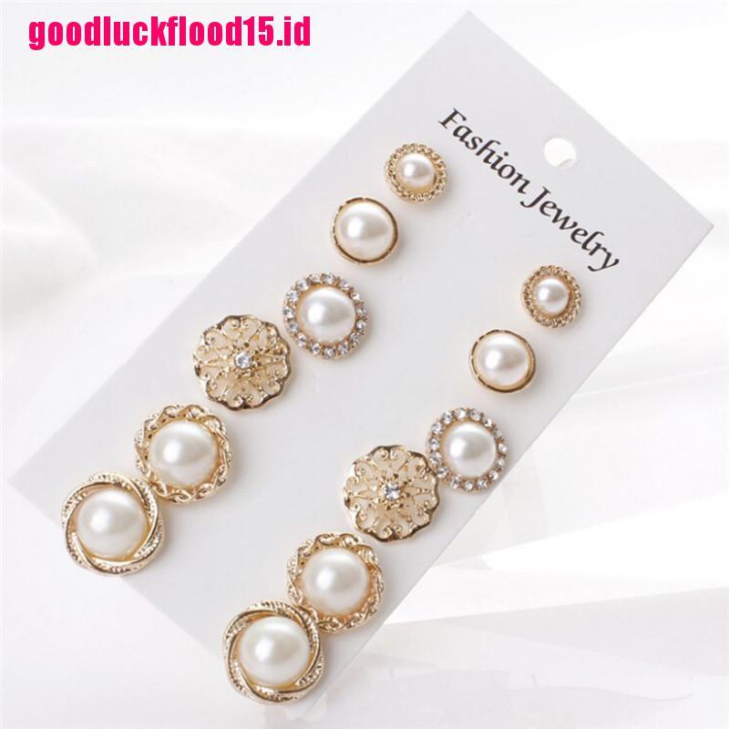 (LUCKID) 6 Pasang / Set Anting Tusuk Aksen Mutiara + Berlian Imitasi Untuk Perhiasan Wanita