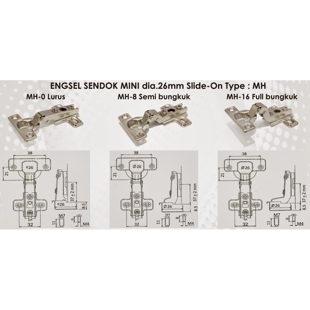 Huben MH Engsel Sendok Mini 26MM - Mini Conceal Hinge MH-0 MH-8 MH-16 Lurus Setengah Full Bungkuk Inset Half Full Overlay