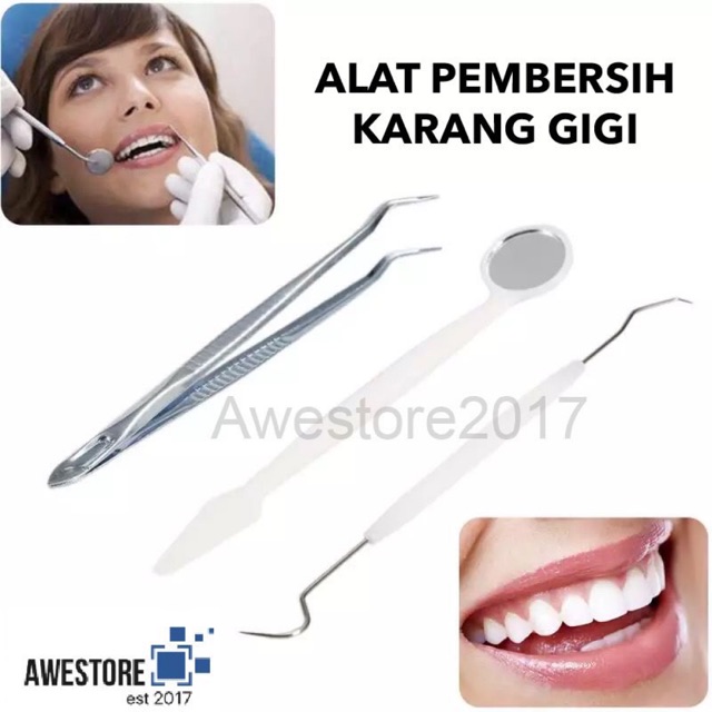 1Set Alat Pembersih Karang Gigi Dental Mirror Stainless Tartar Temover