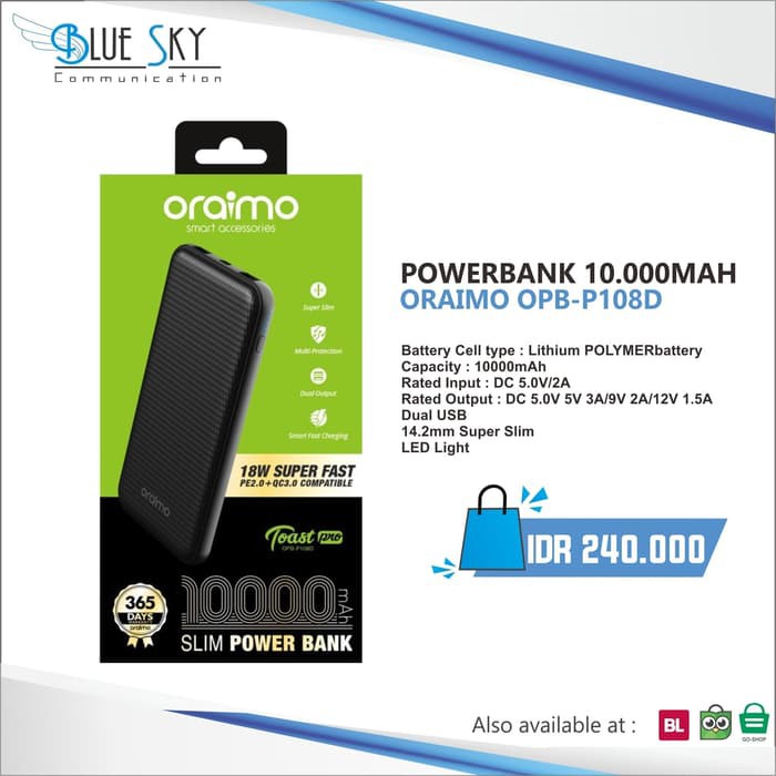 POWERBANK PORTABLE 10000MAH ORAIMO OPB-P108D 2 USB SUPER SLIM