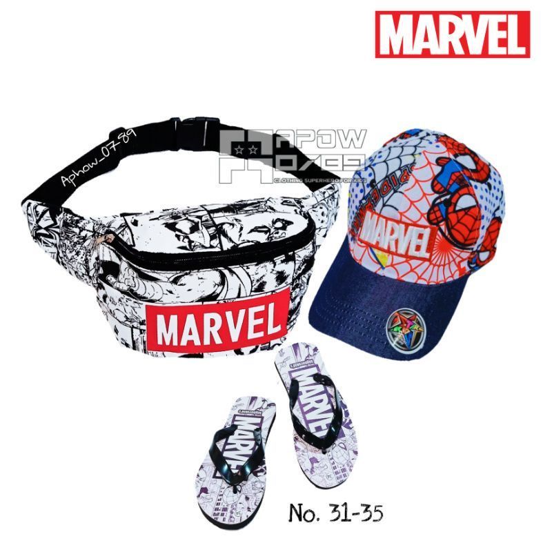 paket 3in1 tas selempang waistbag anak Marvel / free sandal anak dan topi marvel real pict