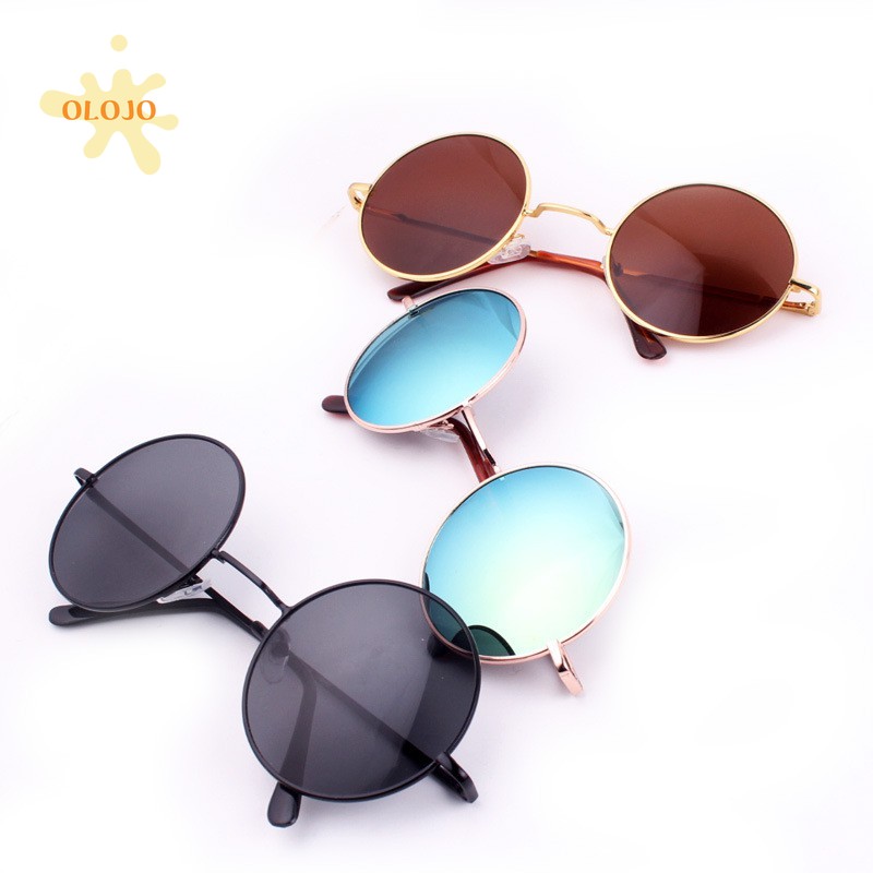 OLOJO [Bayar di Tempat] Kacamata lingkaran klasik Wanita Pria Hitam Retro Lensa Warna Frame Bulat Women Sunglasses