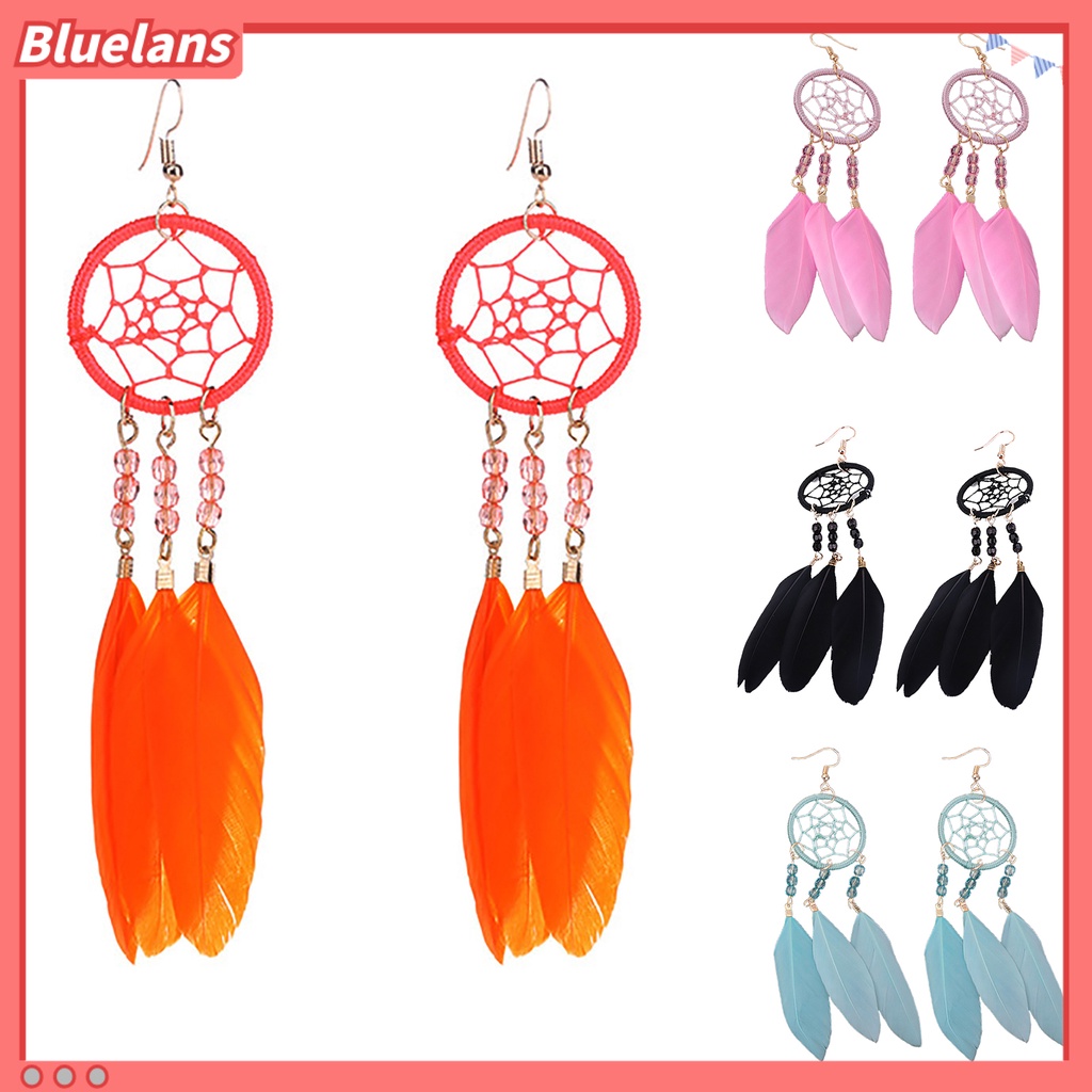 Bluelans 1 Pasang Anting Juntai Desain Dream Catcher Hollow Out Aksen Bulu Gaya Etnik Bohemia