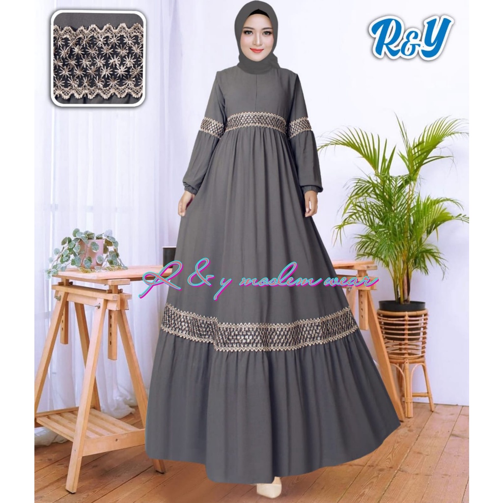 Gamis Ceruty/ Seruti Renda Full Puring ~ Gamis Syari ~ Ceruty Babydoll ~ Kombinasi RENDA Di Bagian L