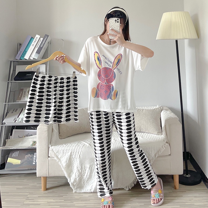 Baru set Baju Tidur Wanita Dewasa Oversize Piyama Bahan Kaos Celana Panjang & Pendek Setelan Baju Tidur 3IN1 Setelan Piyama-pink lv rabbit