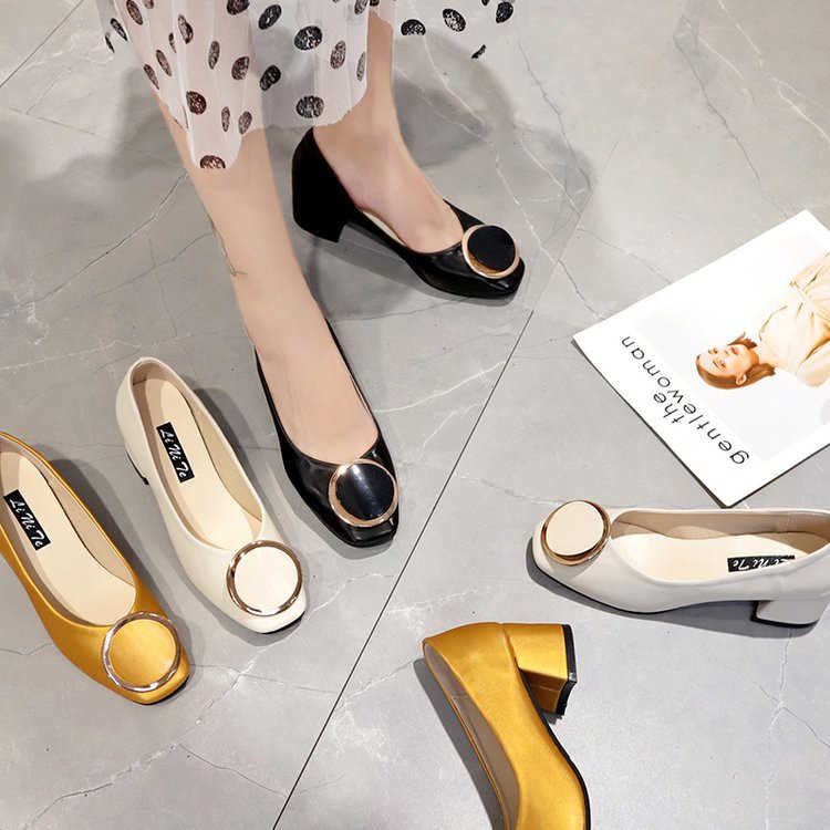 RYS - Block Buckle Sepatu Hak Kotak Fashion Casual - Ori Import