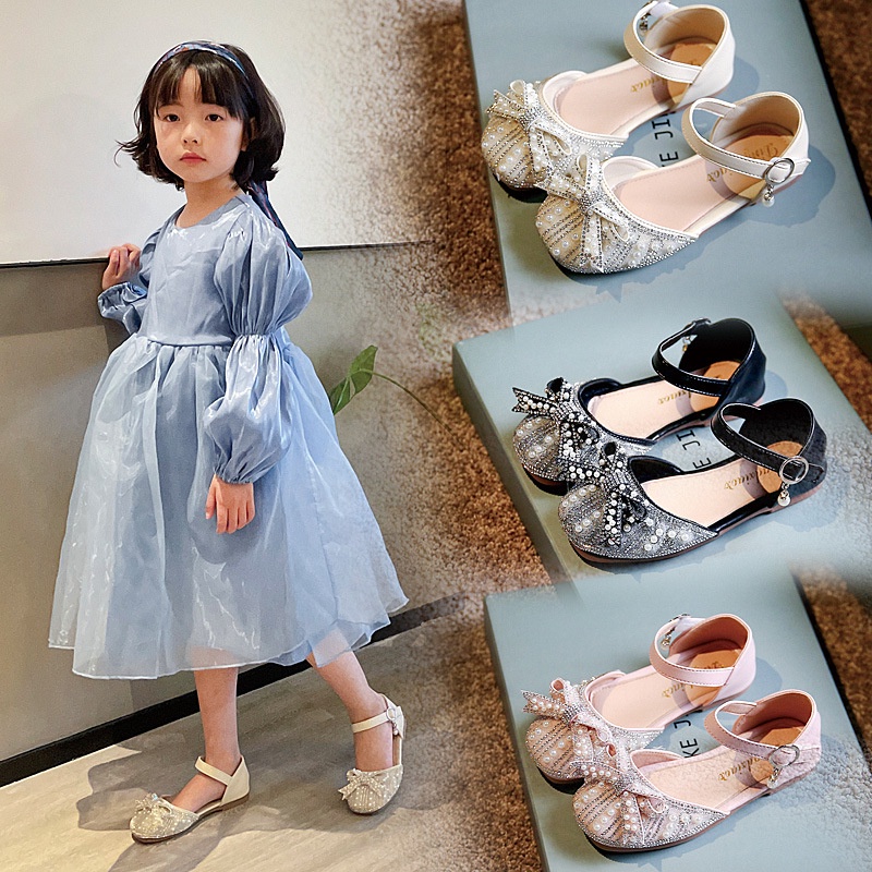 B37 NEW Flat shoes anak perempuan motif mutiara pita