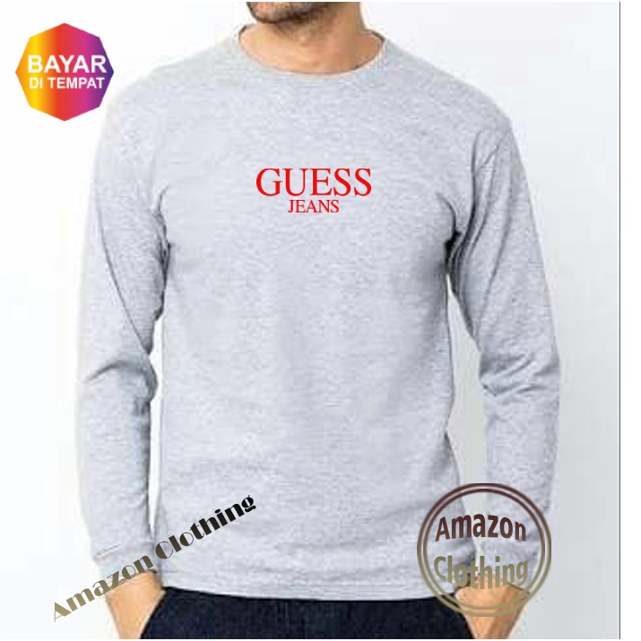 Amazon Clothing Kaos Distro Lengan Panjang Guess Premium Text Merah T-Shirt Pria Wanita