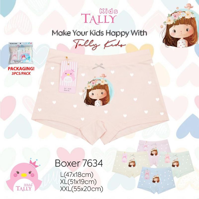 TALLY KIDS GIRL 7634 | CD CELANA DALAM BOXER ANAK CEWEK PEREMPUAN | BAHAN KATUN | SIZE L-XXL