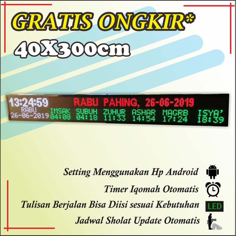 Jam Jadwal Sholat Digital P10 40X300 cm Setting Android