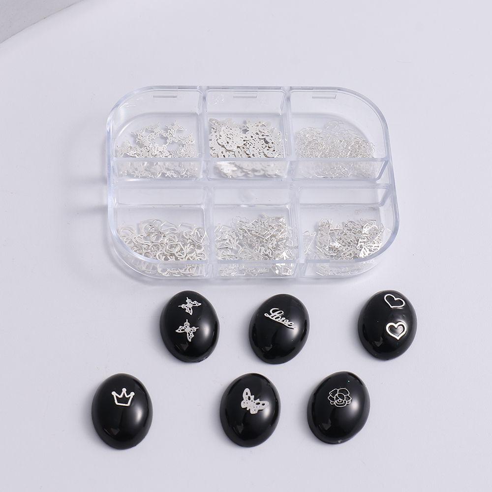 AUGUSTINA Agustina Rivet Aksesoris Kuku Perak 6kisi 3D Perhiasan Kuku Hati Bunga Kupu-Kupu Manicure Nail Art Dekorasi