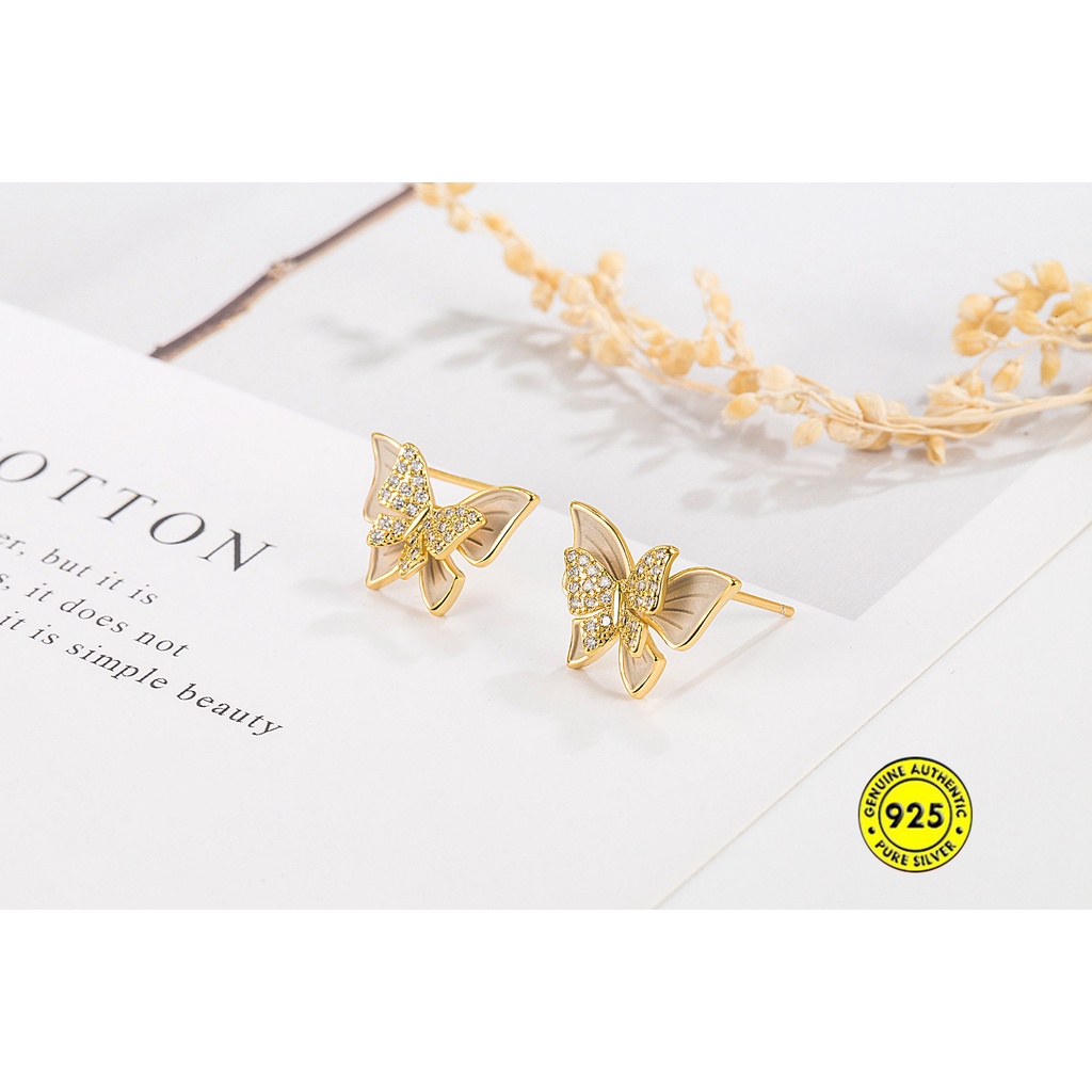 Anting Tusuk Lapis Emas 18K Desain Kupu-Kupu Hias Zircon Untuk Wanita U1046