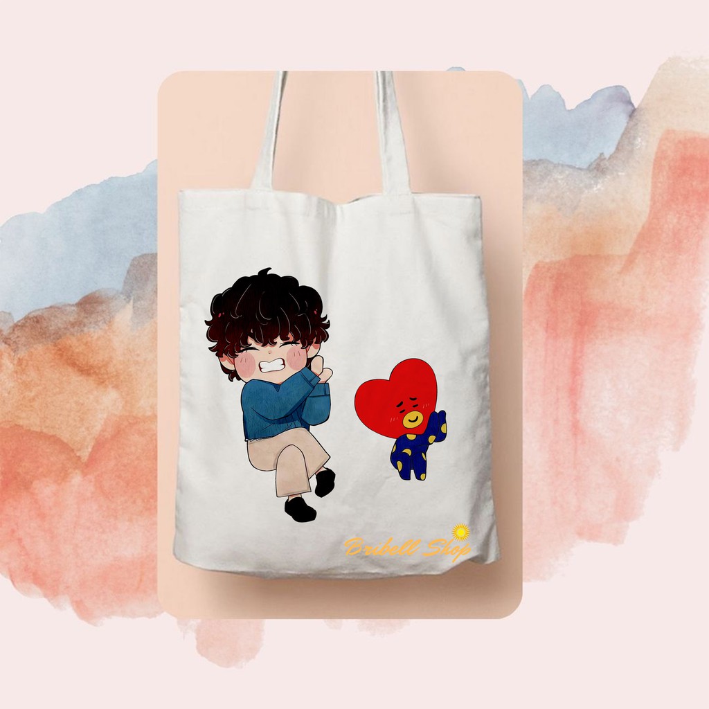Tote Bag Kanvas Bergambar V dan Tata BT21 Korean