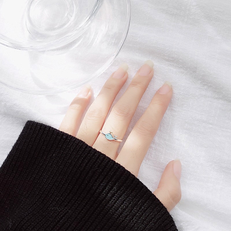 Cincin Model Terbuka Desain Ikan Paus Biru Gaya Korea Untuk Wanita