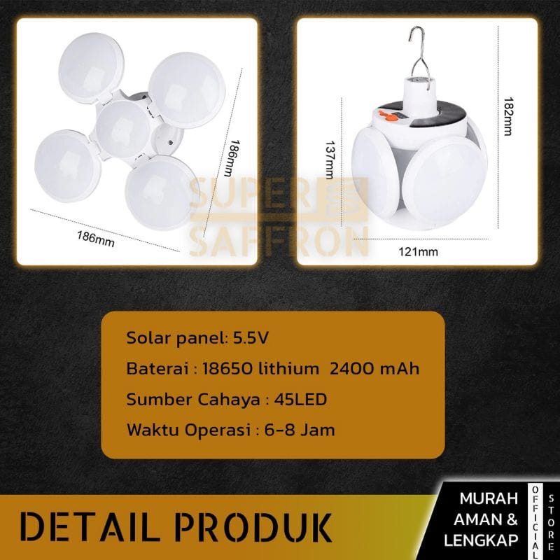 {DS} Lampu Solar Emergency LED Lipat 5 sisi Gantung Rechargeable / Lampu Tenaga Surya