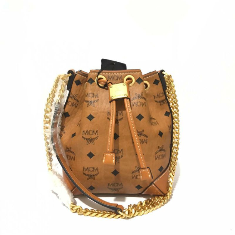 Tas MCM Monogram Print Mini Bucket Bag Cognac