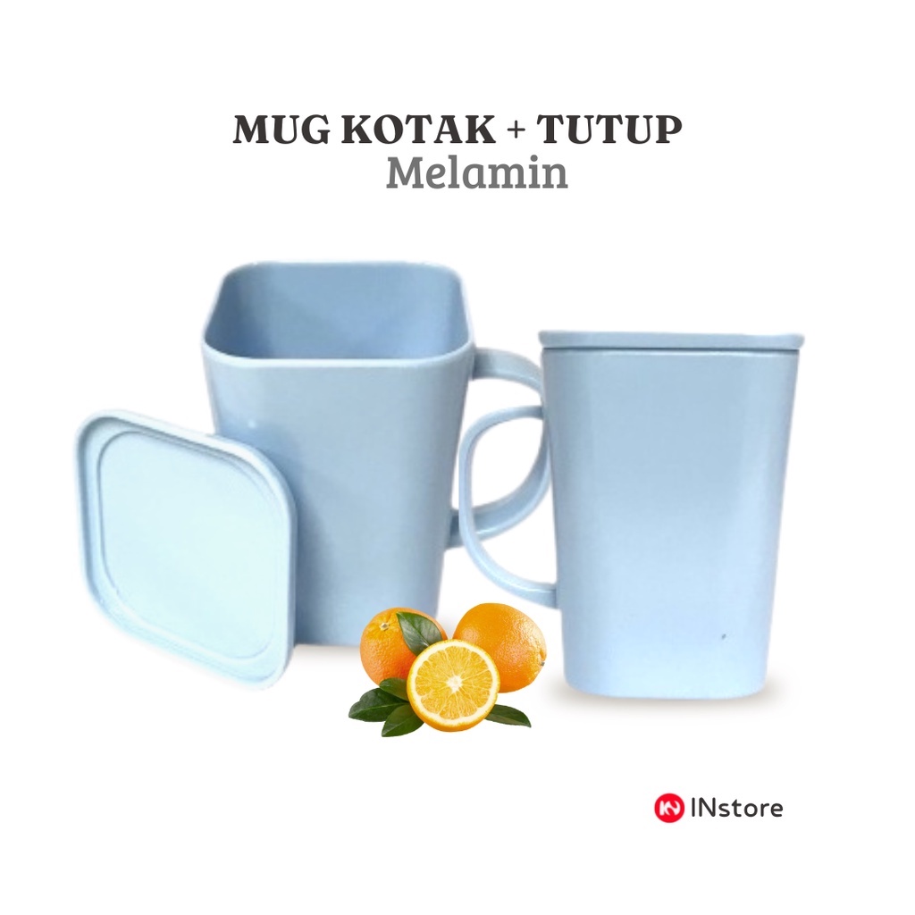 Gelas - Cangkir Mug Kotak Bahan Melamin + Tutup 320 ML - 340 ML - Polos - Motif Karakter - Printing