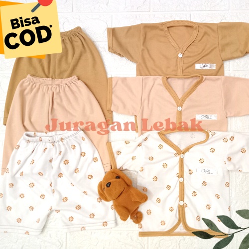 6 pcs Baju Lengan Pendek dan Celana Pendek, Setelan Baju Bayi Baru Lahir Seri Coklat - Juragan Lebak