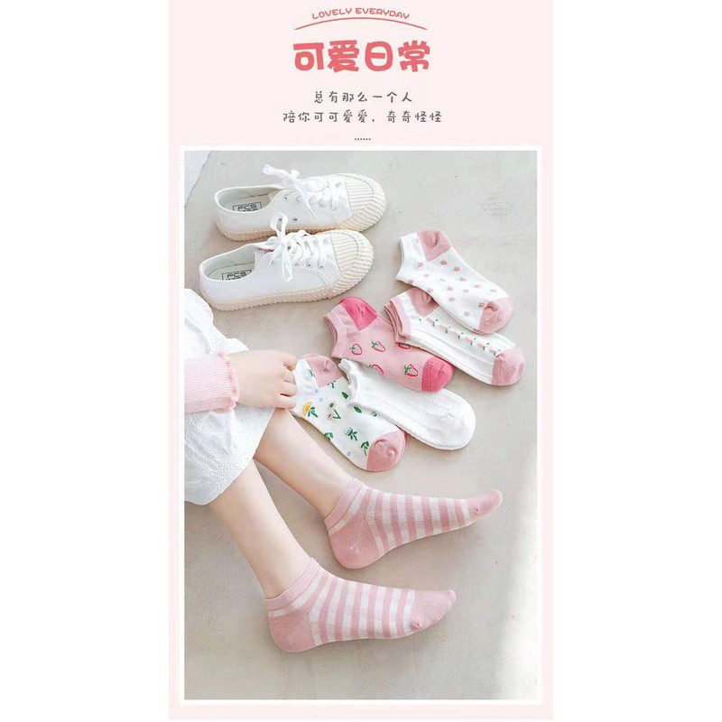 ♫ Megata ♫ A057 Kaos Kaki Wanita Fashion Motif Strawberry Bunga Kaoskaki Pendek Korea Sock Import