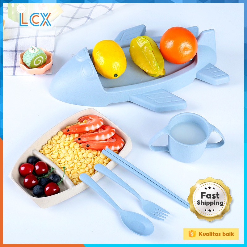 LCX 6 Pcs Set Tempat Makan Anak Piring Mangkuk Wheat Straw Pesawat Terbang  Mangkuk Bayi  BPA Free