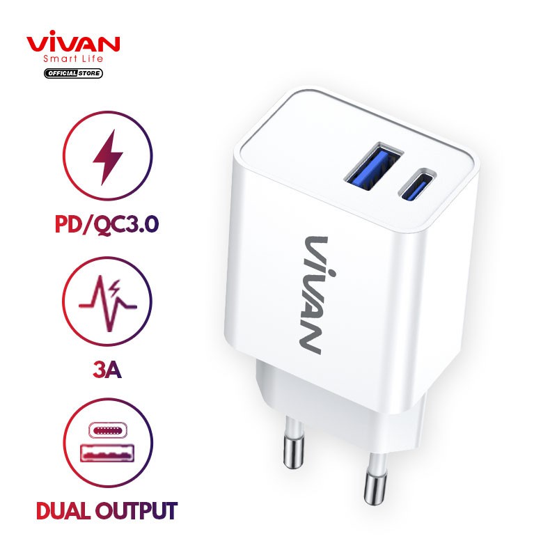 A_   VIVAN Adaptor Charger Power 25 3A PDQC3.0 Batok Dual Port with Super Durability White Original Resmi