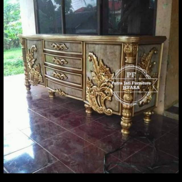 Bufet meja untuk Tv kayu jati ukir Jepara warna kombinasi emas marmer