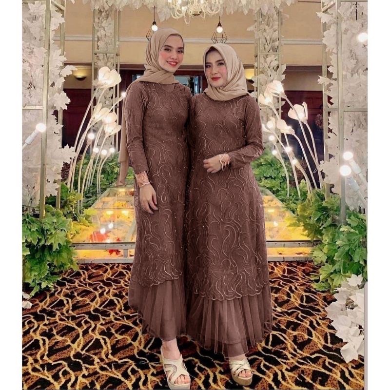 MAXI GERALDINE S M L XL XXL XXXL/GAMIS MUSLIM FASHION WANITA/MAXI KONDANGAN SERAGAM ACARA-Mocca