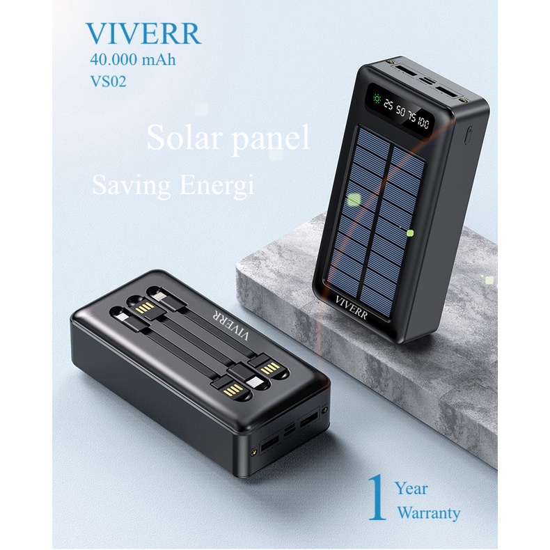 Powerbank VIVERR VS02 kapasitas 40.000mah menggunakan solar matahari 2in 1 real kapasitas garansi 1tahun.