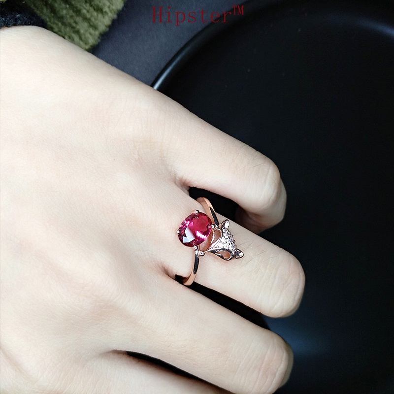 Fashion Trend Luxury Temperament Fox Inlaid Red Crystal Adjustable Ring