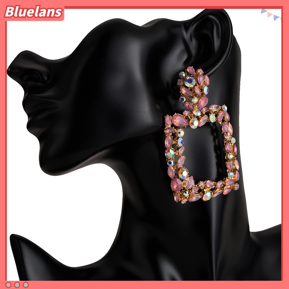 Bluelans Bohemia Women Colorful Rhinestone Hollow Square Charm Statement Stud Earrings