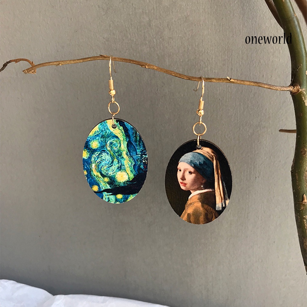 OW@ Women Oval Enamel Niche Oil Painting Asymmetrical Wooden Pendant Hook Earrings