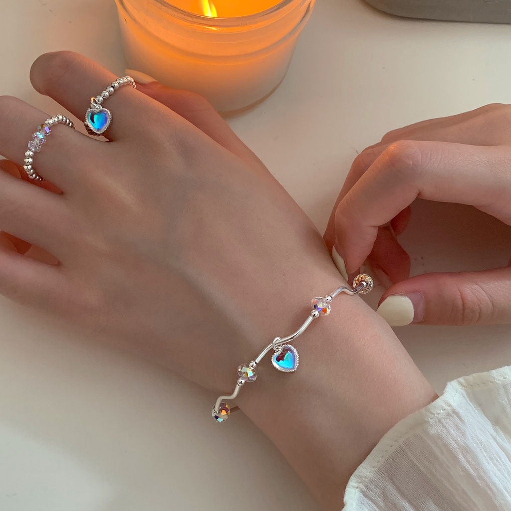 Gelang Tangan Alloy Silver Desain Hati Hias Moonstone Untuk Wanita