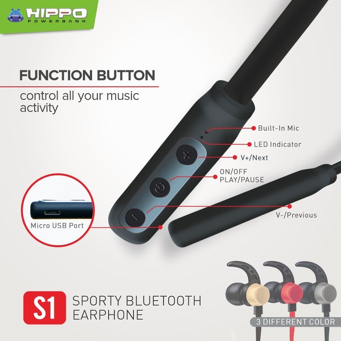 Hippo Headset Bluetooth S1 Handsfree Black Original Resmi