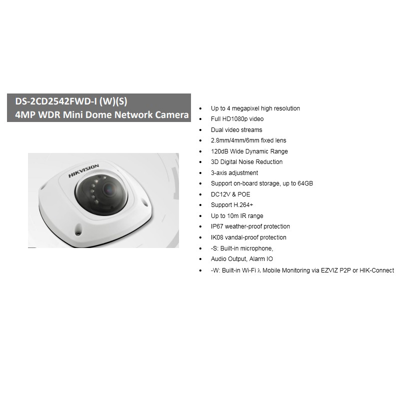 Hikvision CCTV Pro IP Cam DS-2CD2542FWD-IW IR Mini Dome 4MP