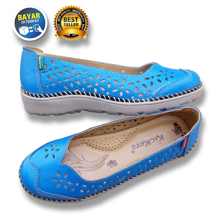 PROMO 4.4 MEGA SALE !! SEPATU WANITA DEWASA KULIT SAPI ASLI BIRU NYAMAN DIPAKAI / SAKIPO