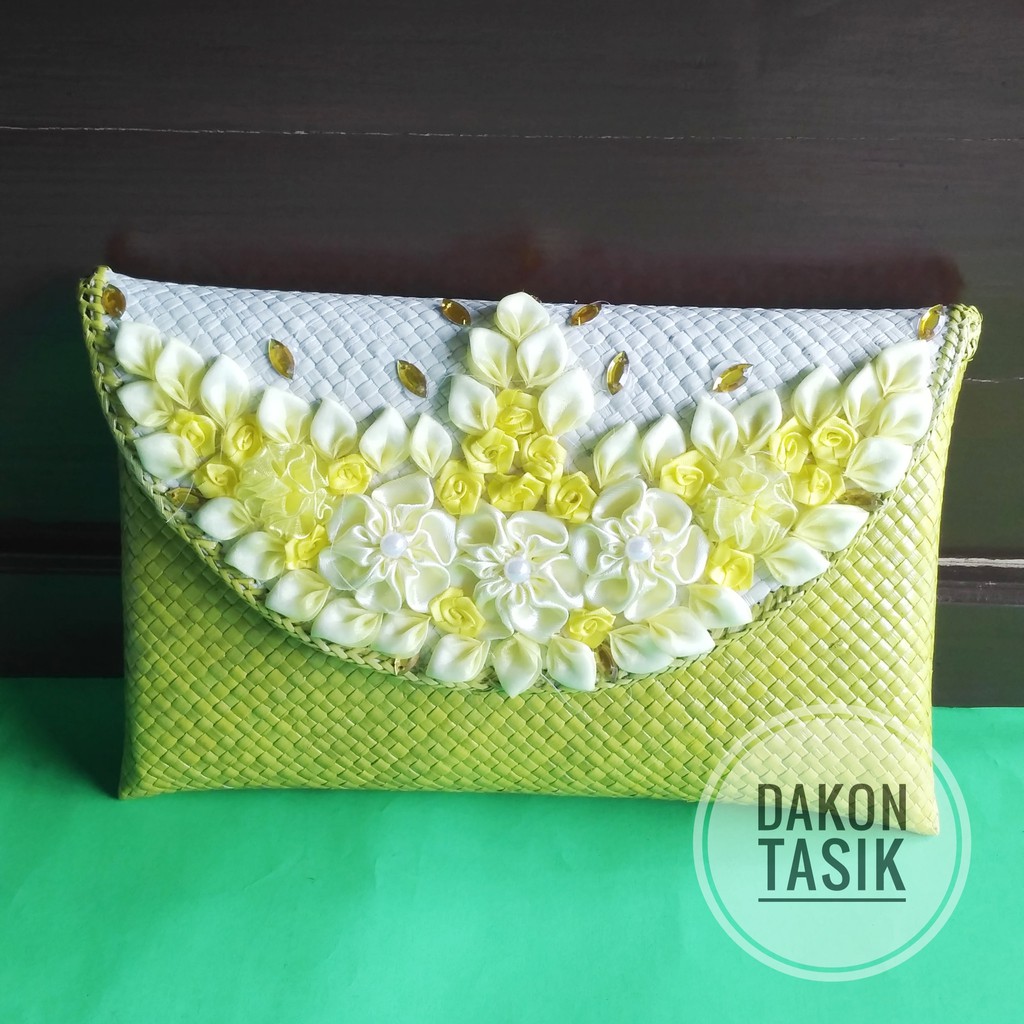 Clutch Pesta Motif Bunga Anyaman Pandan etnik /Cluth Bunga Full Kecil + Rantai