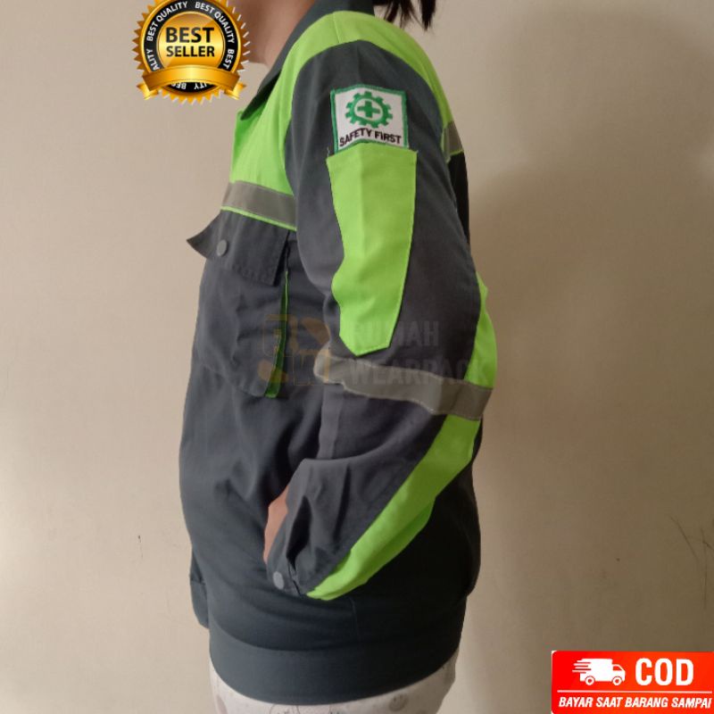 Baju Safety/ Wearpack Safety Atasan Abu Tua Kombinasi Hijau Pupus