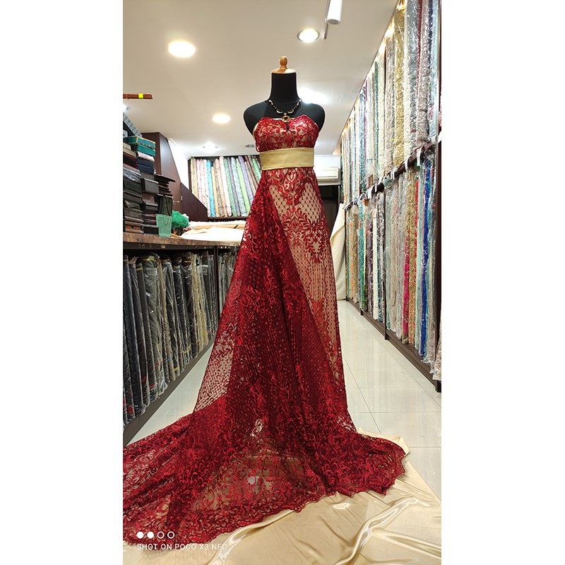 Kain Tile Lace Brokat Dress KEBAYA Bridal Bridesmaid Payet Merah